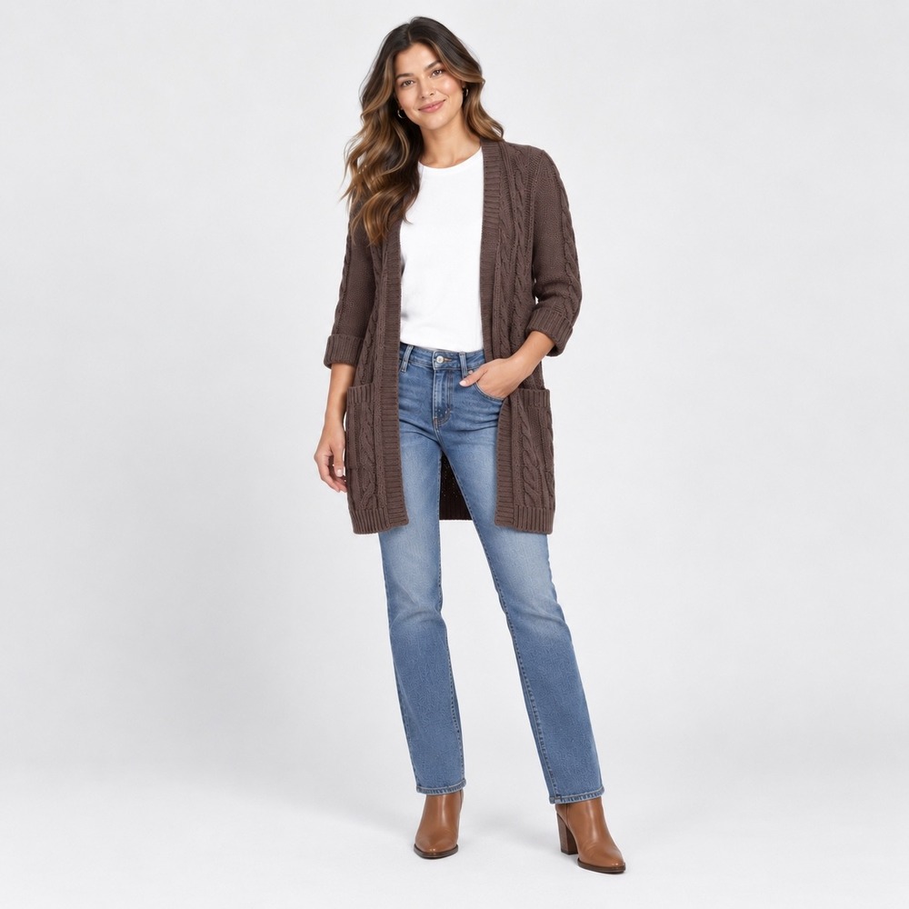 Brochu Walker Brown Chunky Cable Knit Cardigan Roll-Tab 3/4 Sleeve Size S Small